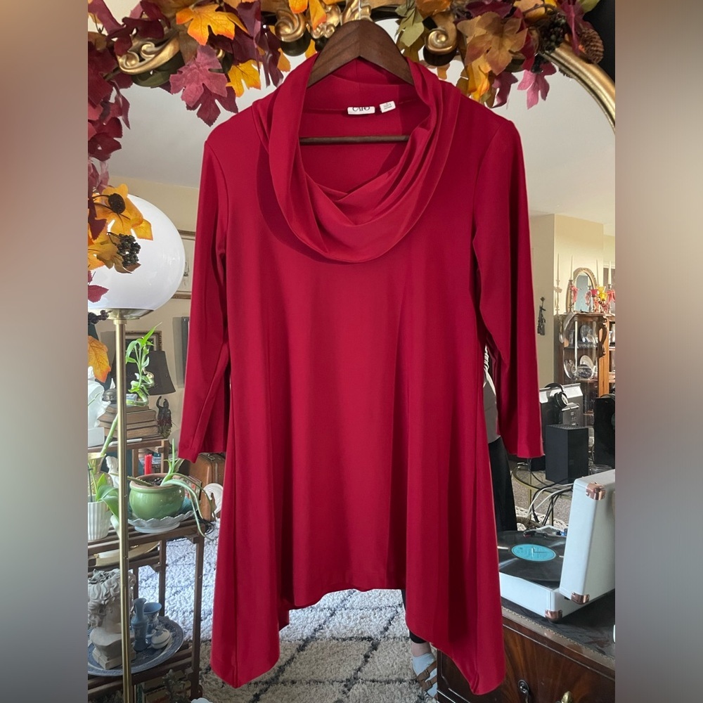 Cato Red Cowl Neck Tunic Handkerchief Hem Long Sleeve Asymmetrical Boho Top Flow